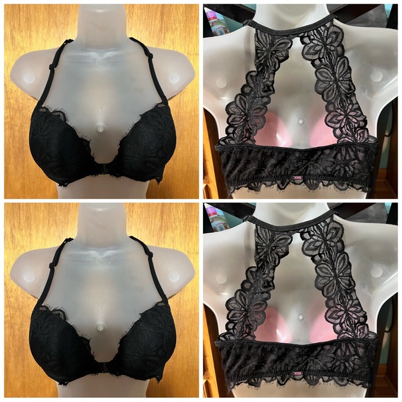 Victoria’s Secret PINK Lace Front Close Push Up Bra 34C Black Like New - Picture 1 of 10